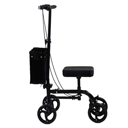 Side view of VitaMove 4-wheel knee walker scooter showing padded knee support and storage bag