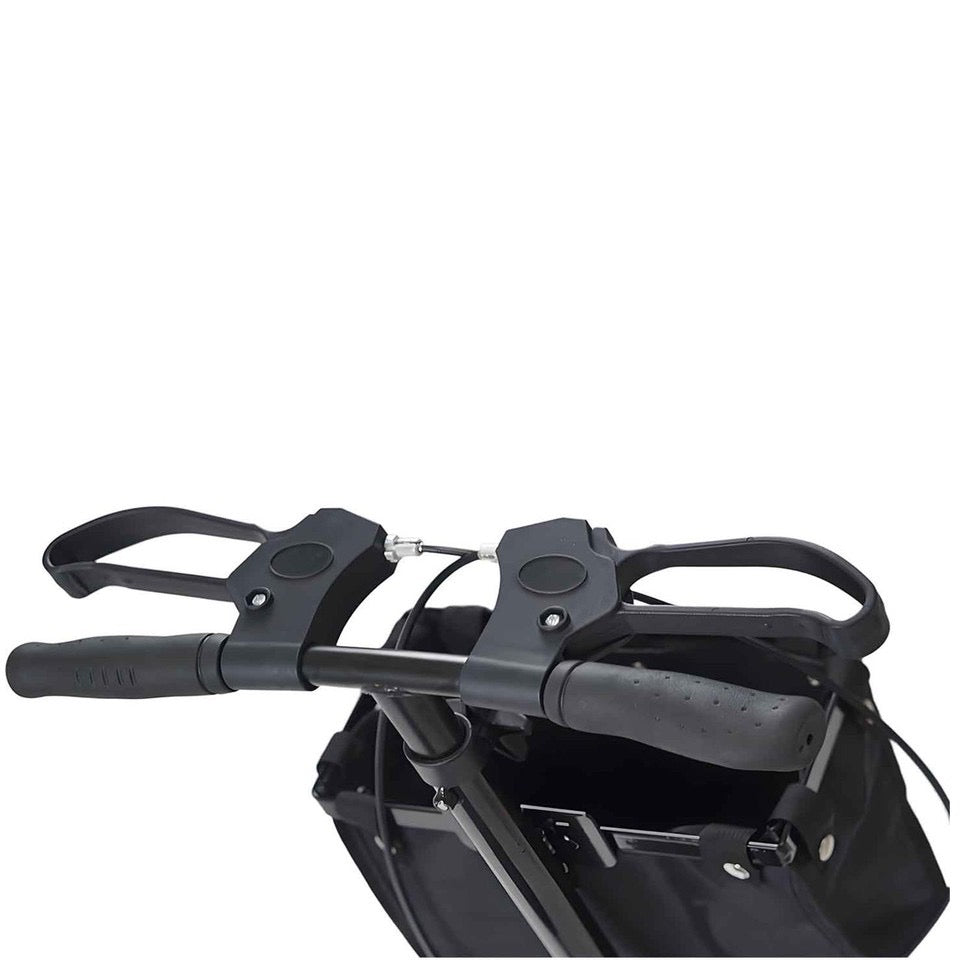 Close-up of VitaMove knee walker handlebars with hand brake levers and ergonomic grips