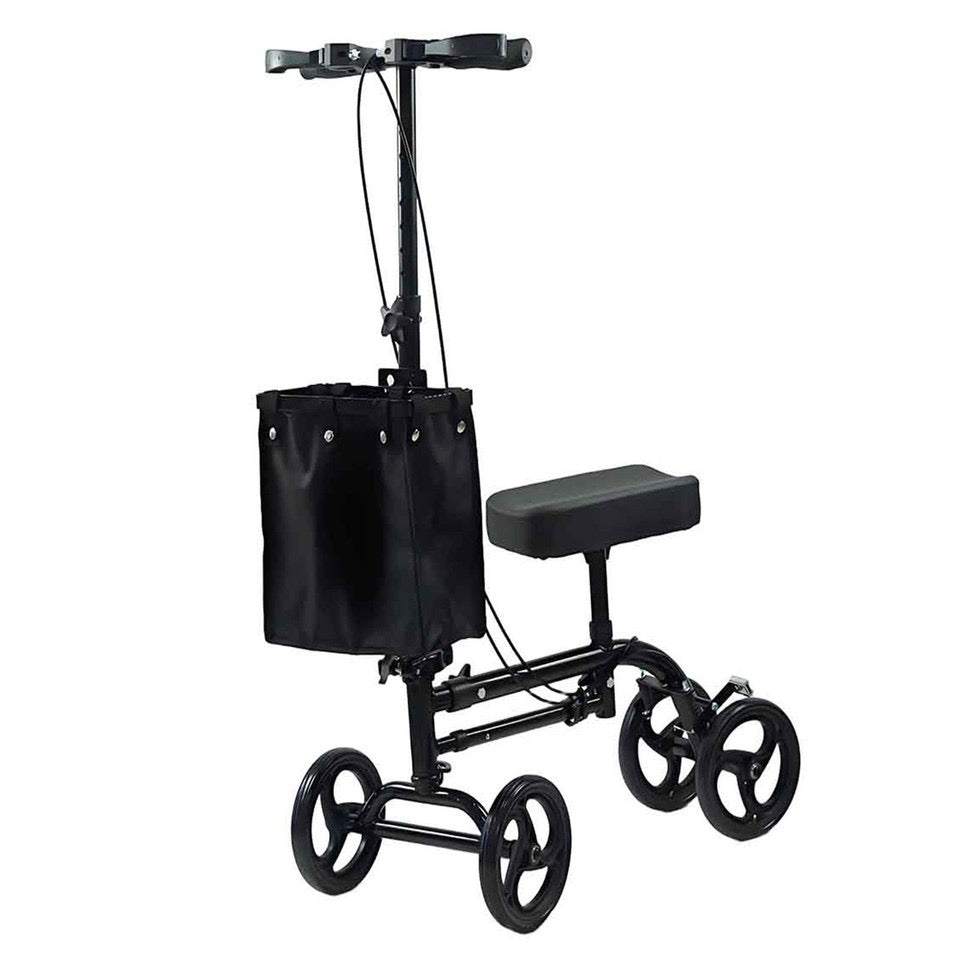 Rear three-quarter view of VitaMove 4-wheel knee walker scooter with padded knee rest and storage bag