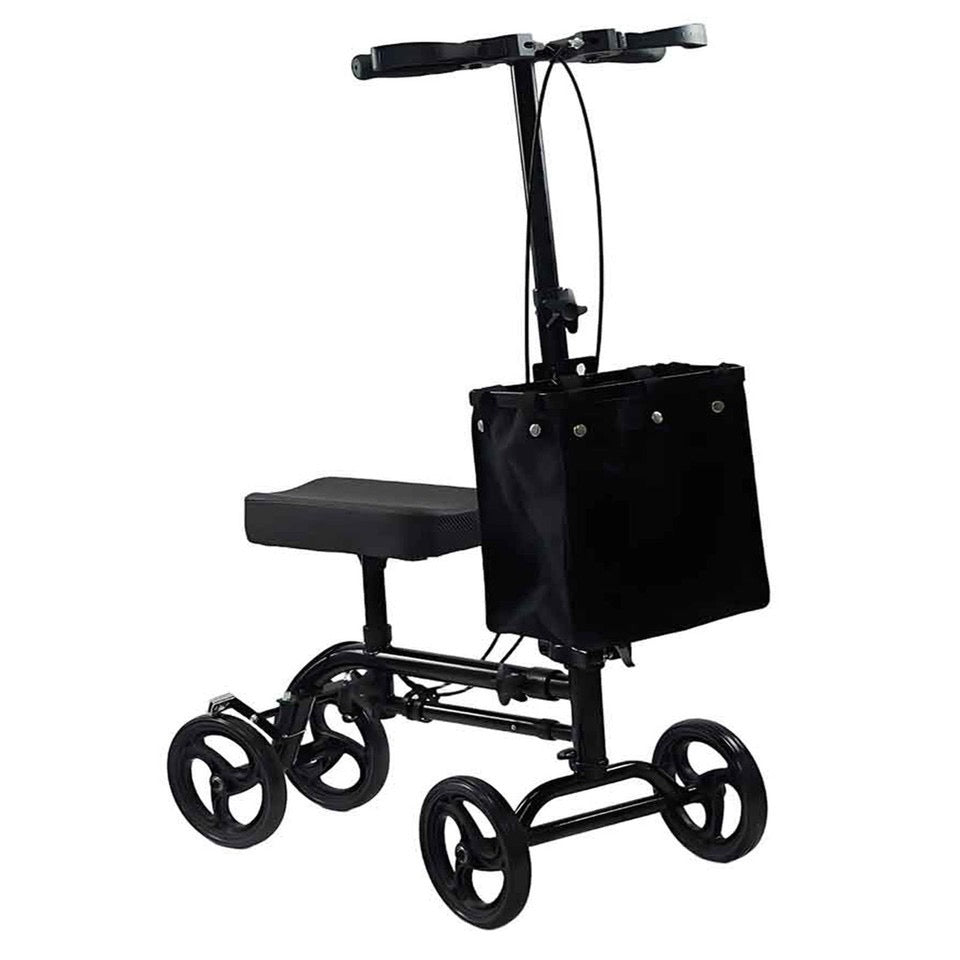 VitaMove 4-wheel knee walker scooter in black with padded knee rest and front storage bag