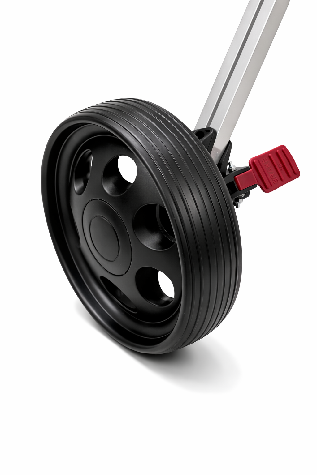 LiteCaddy rear wheel and red foot-operated parking brake