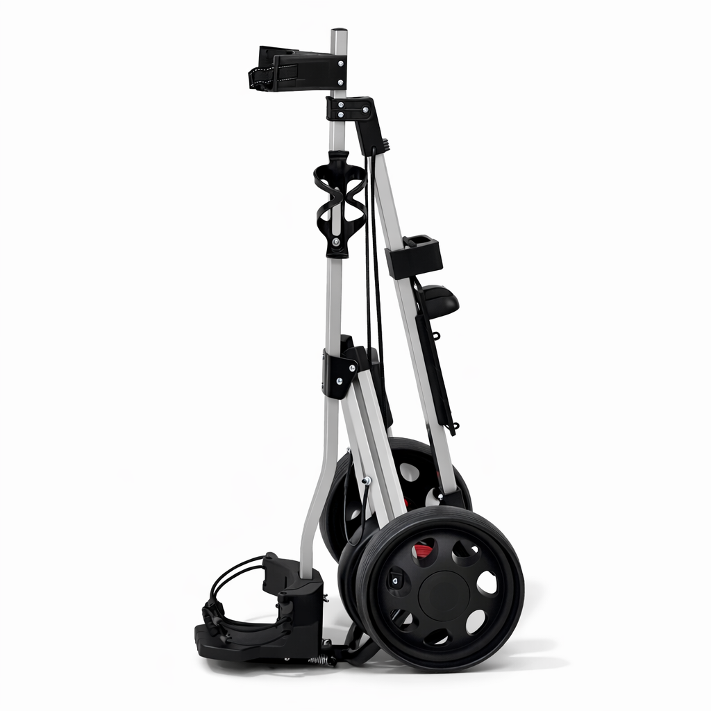 LiteCaddy 3-wheel push golf trolley folded down for transport and storage