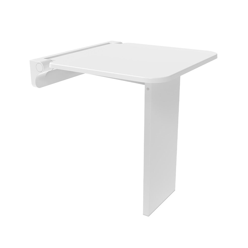 VitaMove Premium wall-mounted folding shower seat in White with integrated support leg