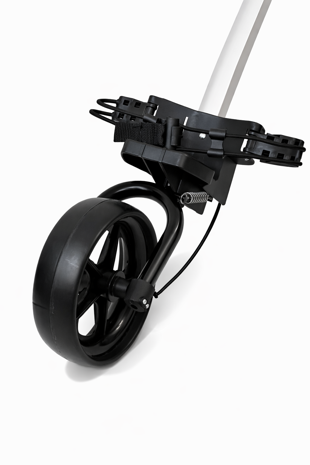 LiteCaddy 3-wheel golf trolley front wheel assembly showing the rotating steering wheel