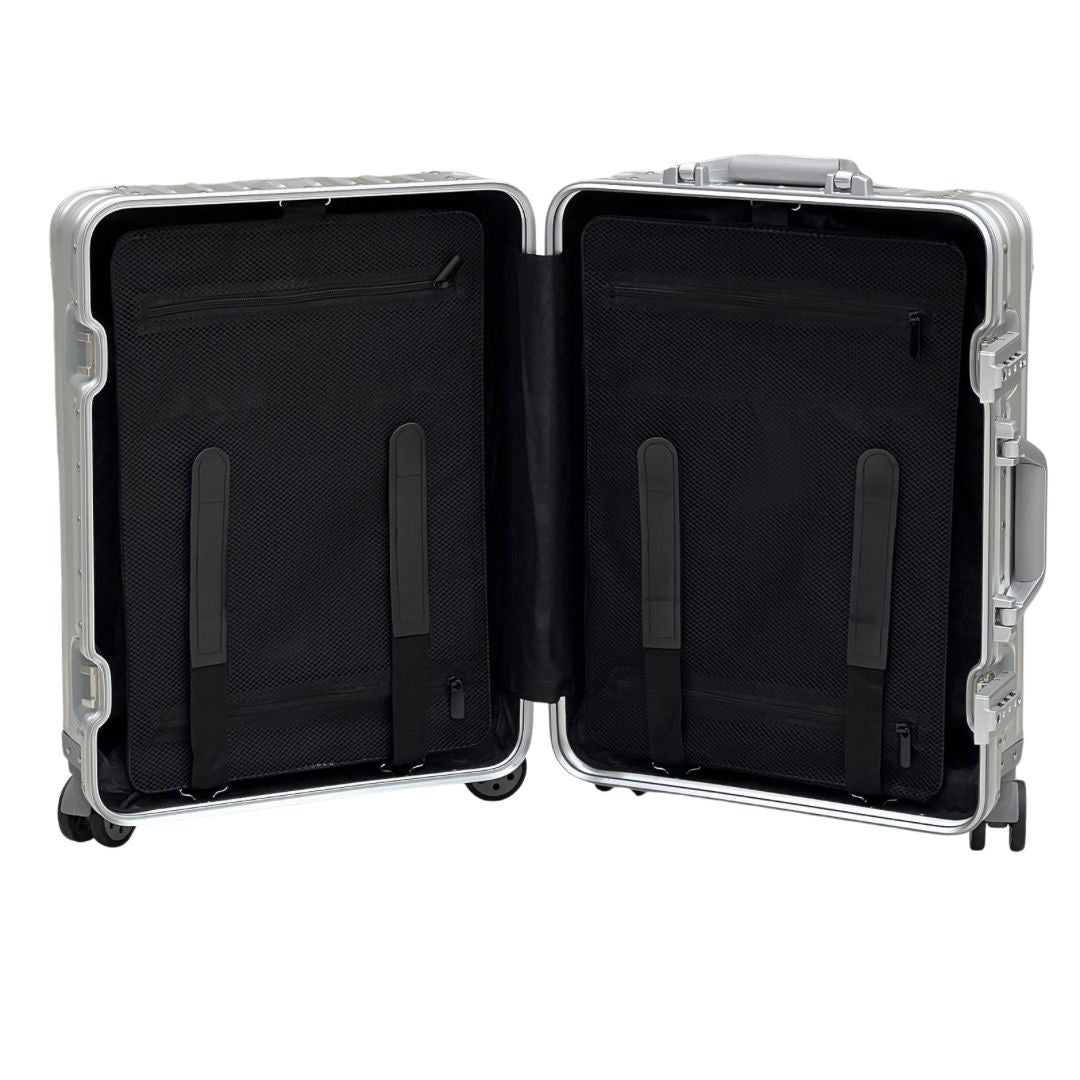 Vault full aluminium cabin suitcase open interior with dual dividers and zipped storage