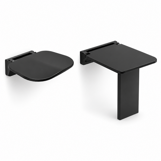 VitaMove wall-mounted folding shower seat showing Standard and Premium options in black