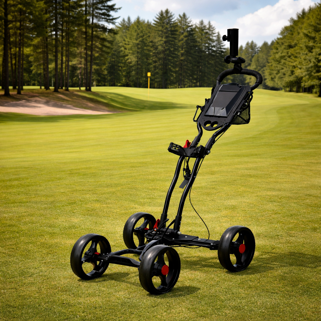 LiteCaddy 4-wheel push golf trolley on a golf course showing its stable four-wheel layout