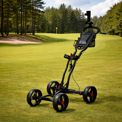 LiteCaddy 4-wheel push golf trolley on a golf course showing its stable four-wheel layout