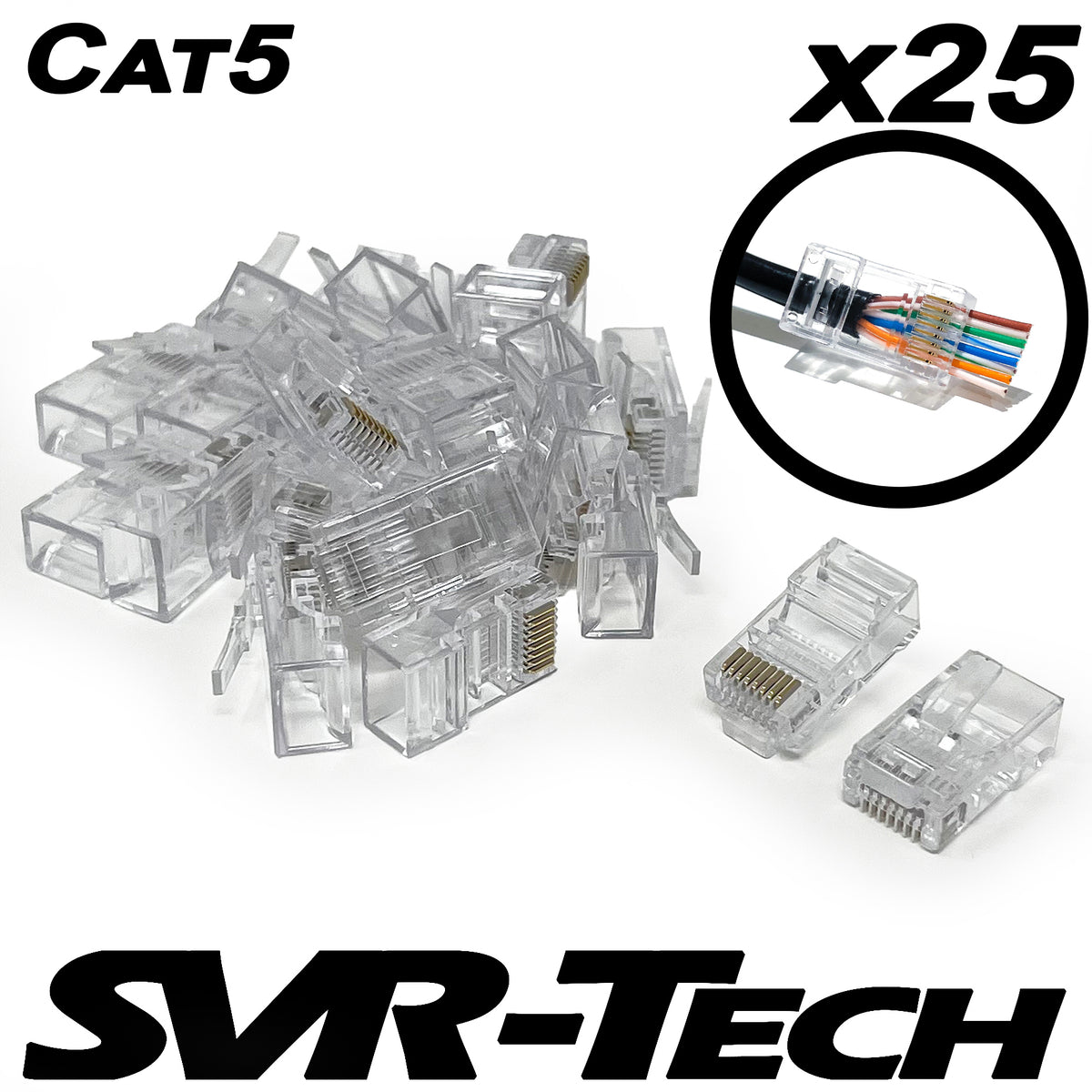 SVR-Tech Cat5 UTP RJ45 pass-through connectors, clear, 25 pack