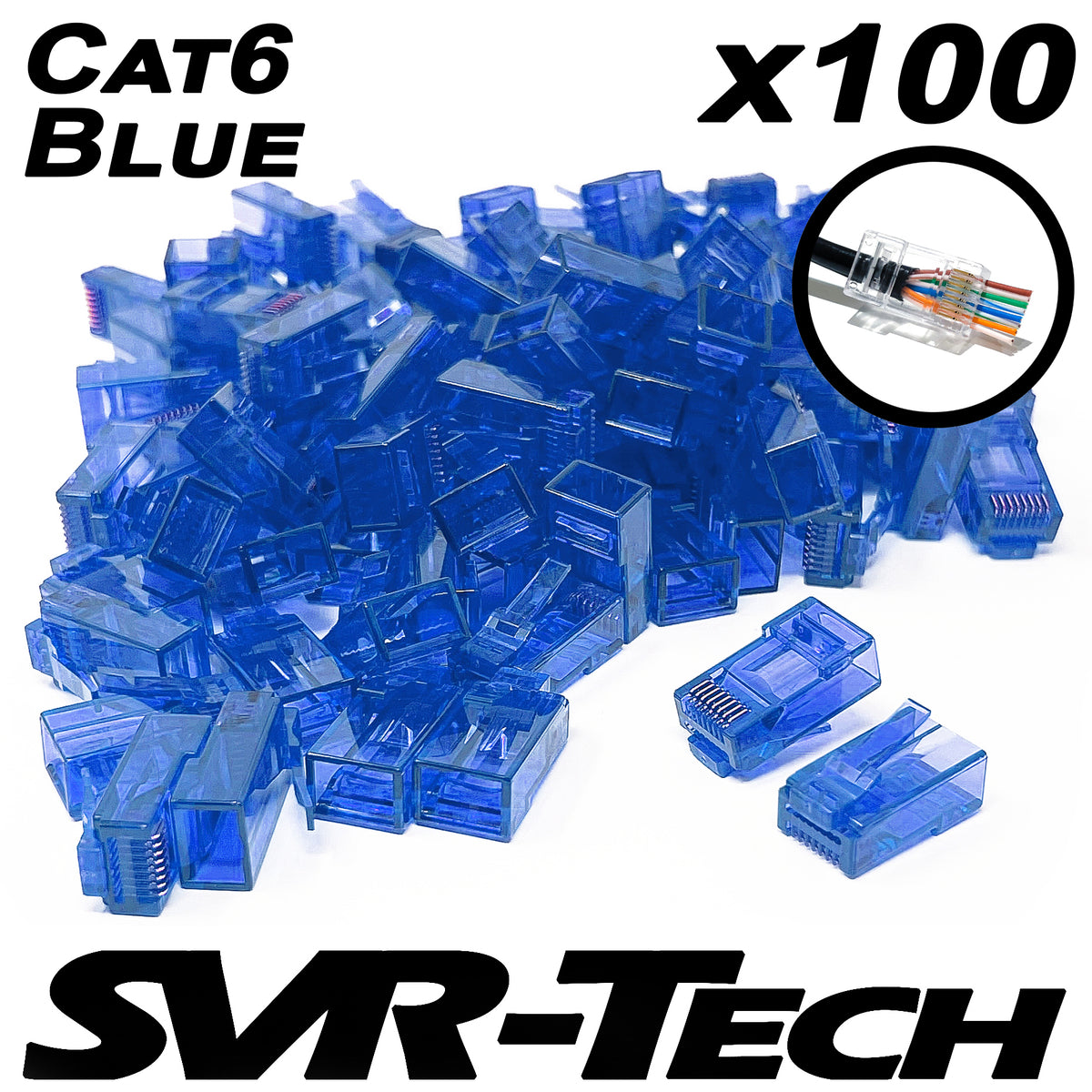 SVR-Tech Cat6 UTP RJ45 pass-through connectors, blue, 100 pack