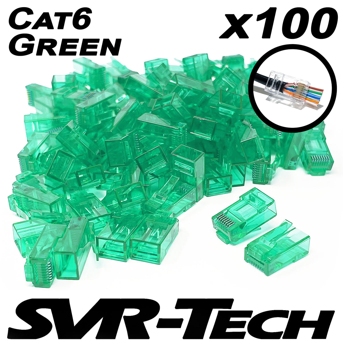 SVR-Tech Cat6 UTP RJ45 pass-through connectors, green, 100 pack