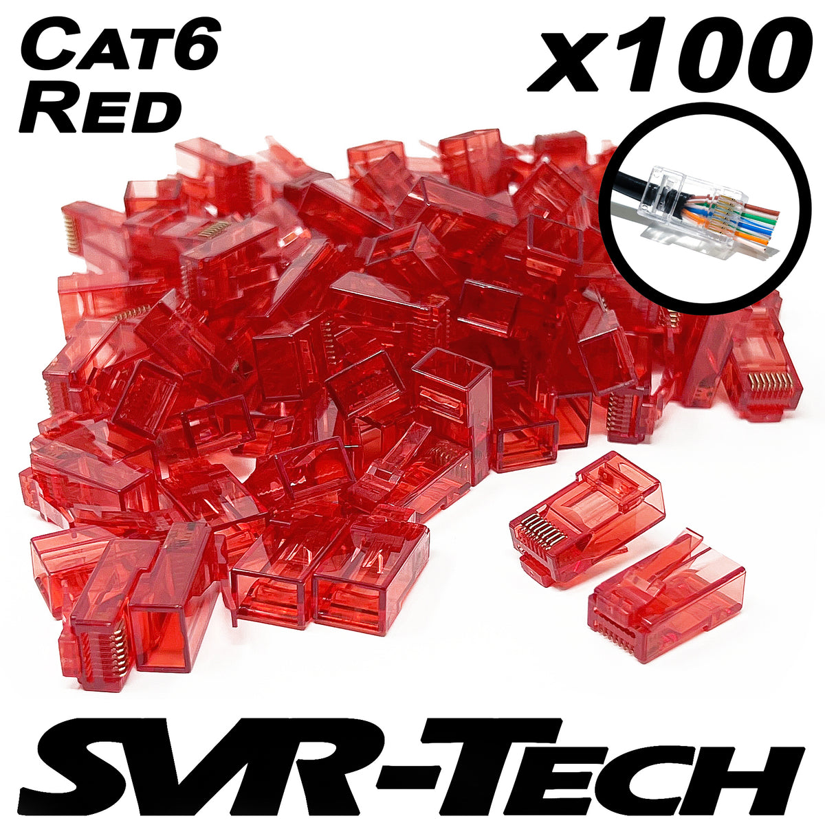 SVR-Tech Cat6 UTP RJ45 pass-through connectors, red, 100 pack