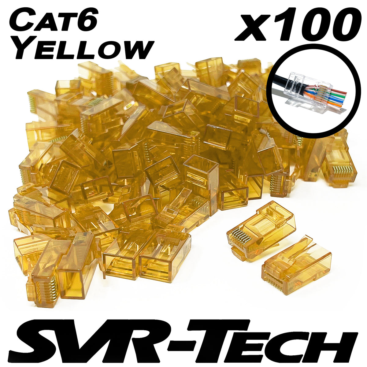 SVR-Tech Cat6 UTP RJ45 pass-through connectors, yellow, 100 pack