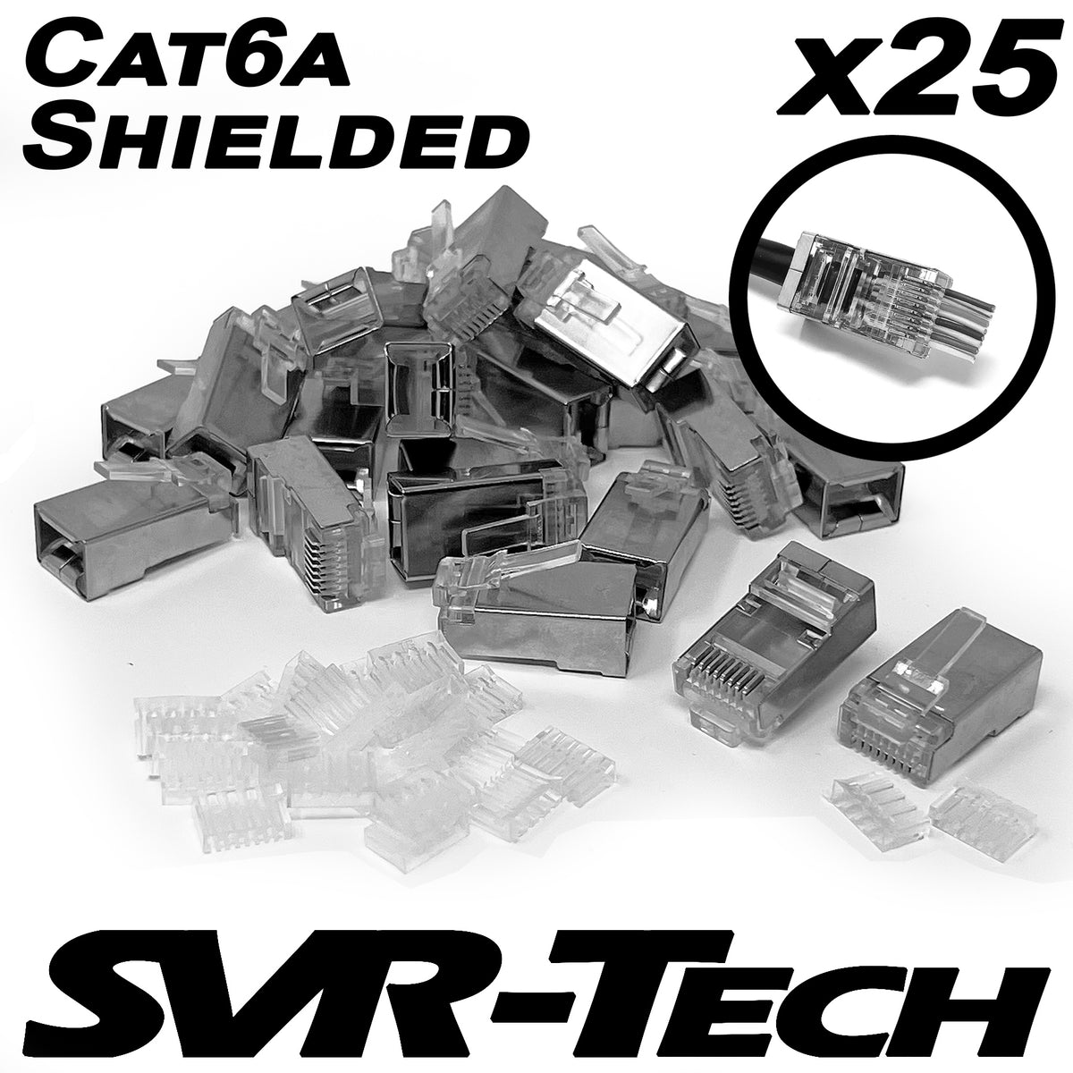 SVR-Tech RJ45 Cat6a shielded connectors with guide rail, 25 pack