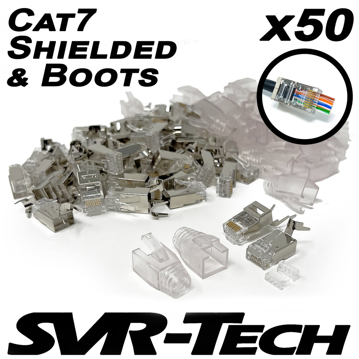 SVR-Tech RJ45 Cat6a/Cat7 shielded pass-through connectors and boots, 50 pack