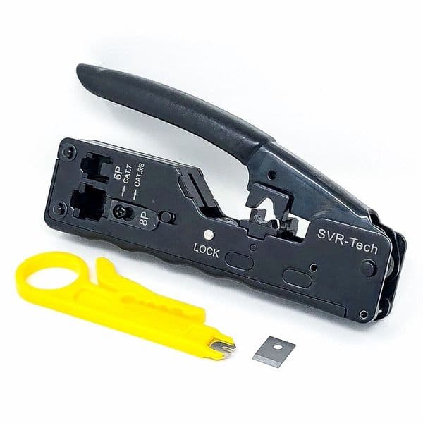 SVR-Tech Pro HD RJ45 pass-through crimping tool with shielded external ground-tab crimp feature