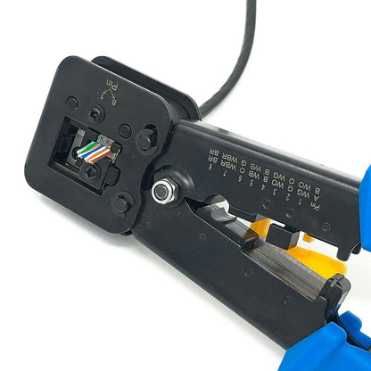 RJ45 pass-through connector seated in the SVR-Tech crimping tool