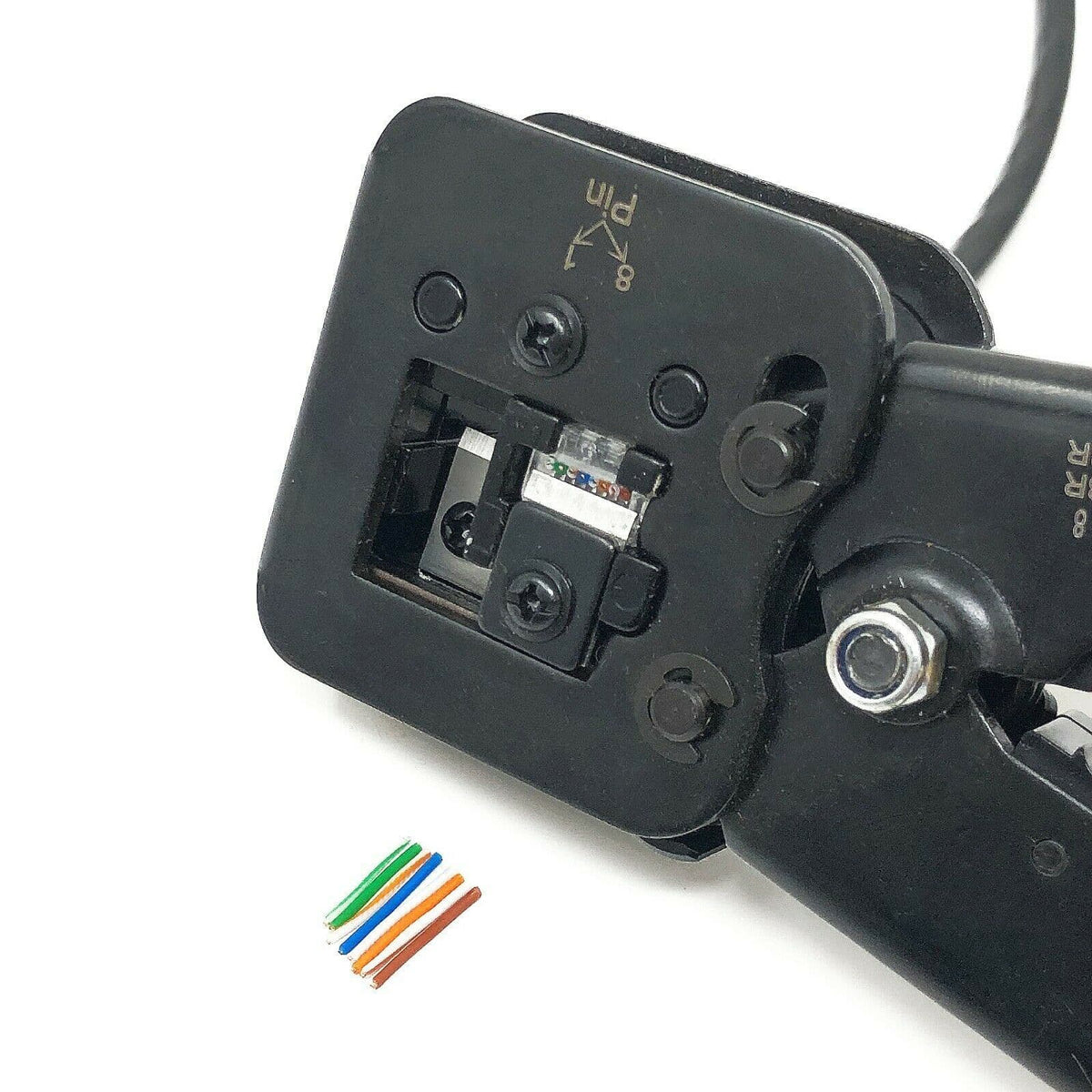 SVR-Tech RJ45 pass-through crimping tool trimming excess conductors
