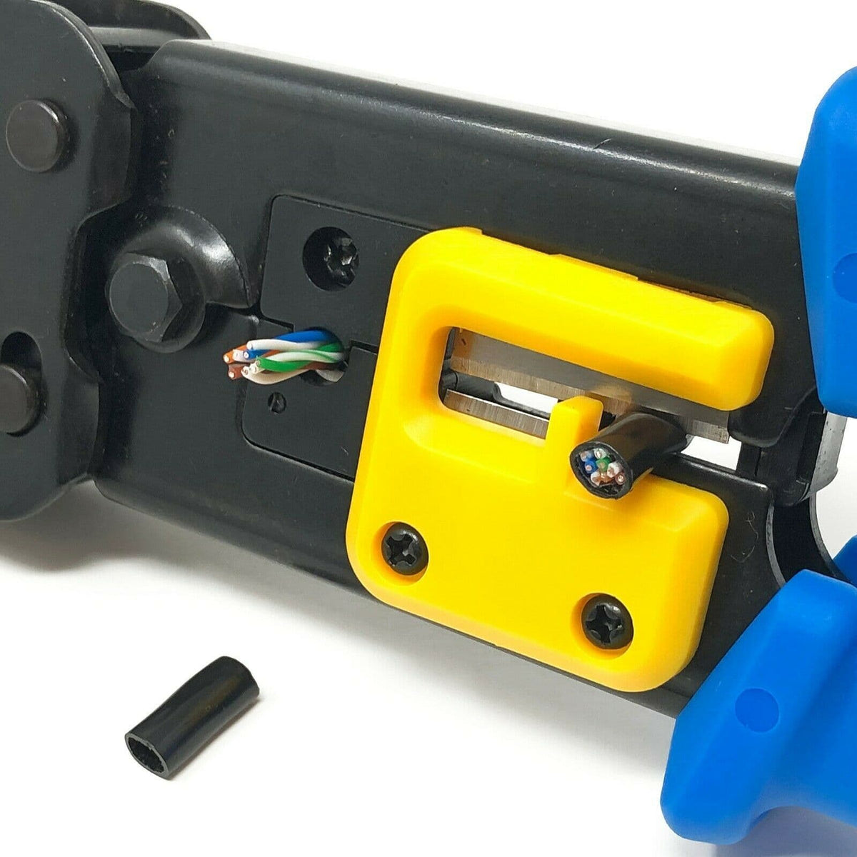 Built-in wire stripping and cutting area on the SVR-Tech RJ45 crimping tool