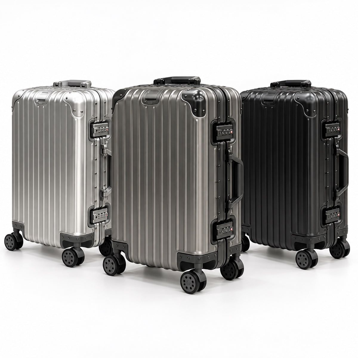Vault full aluminium cabin suitcase in Silver, Grey and Black