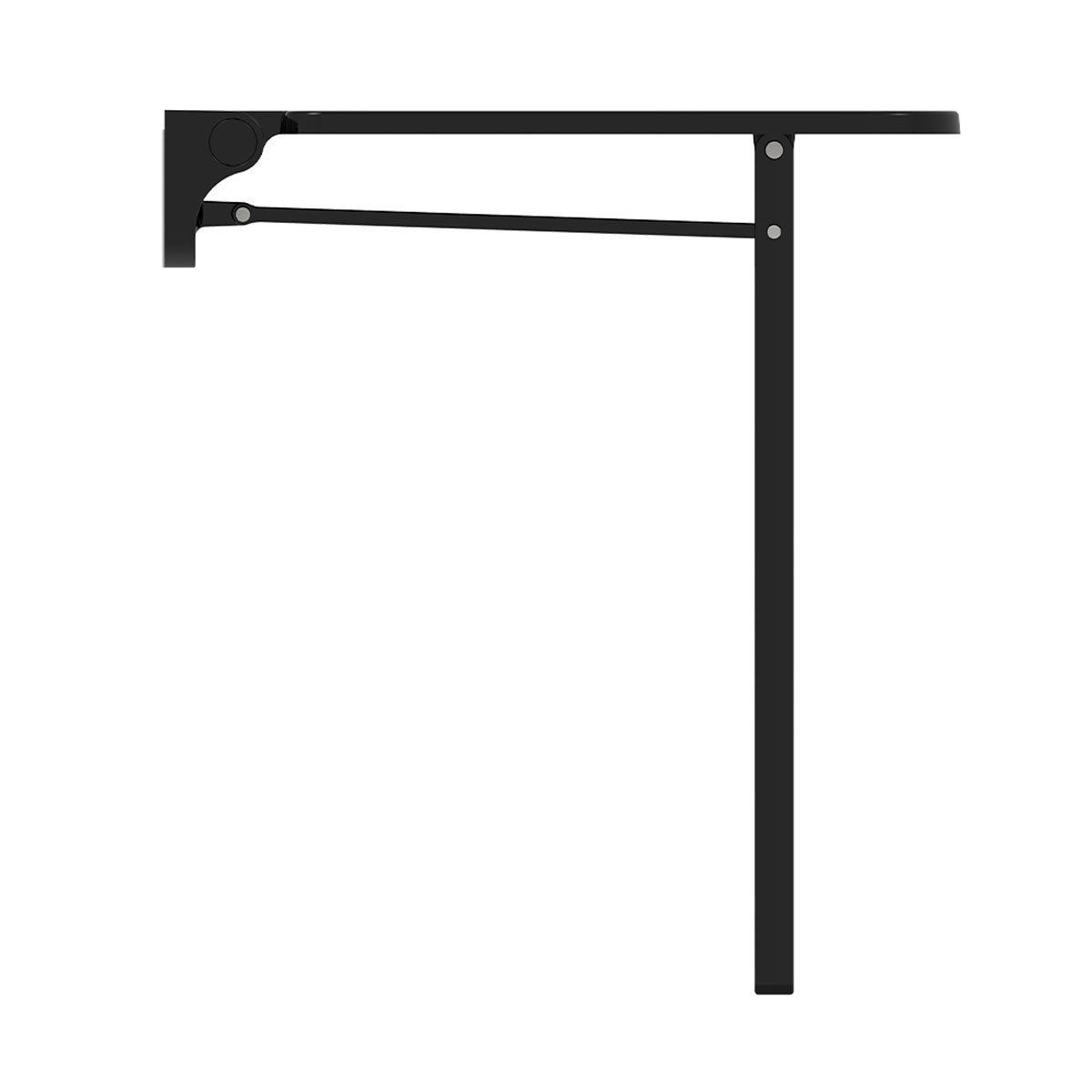 Side profile of VitaMove Premium folding shower seat open with linked fixed support leg
