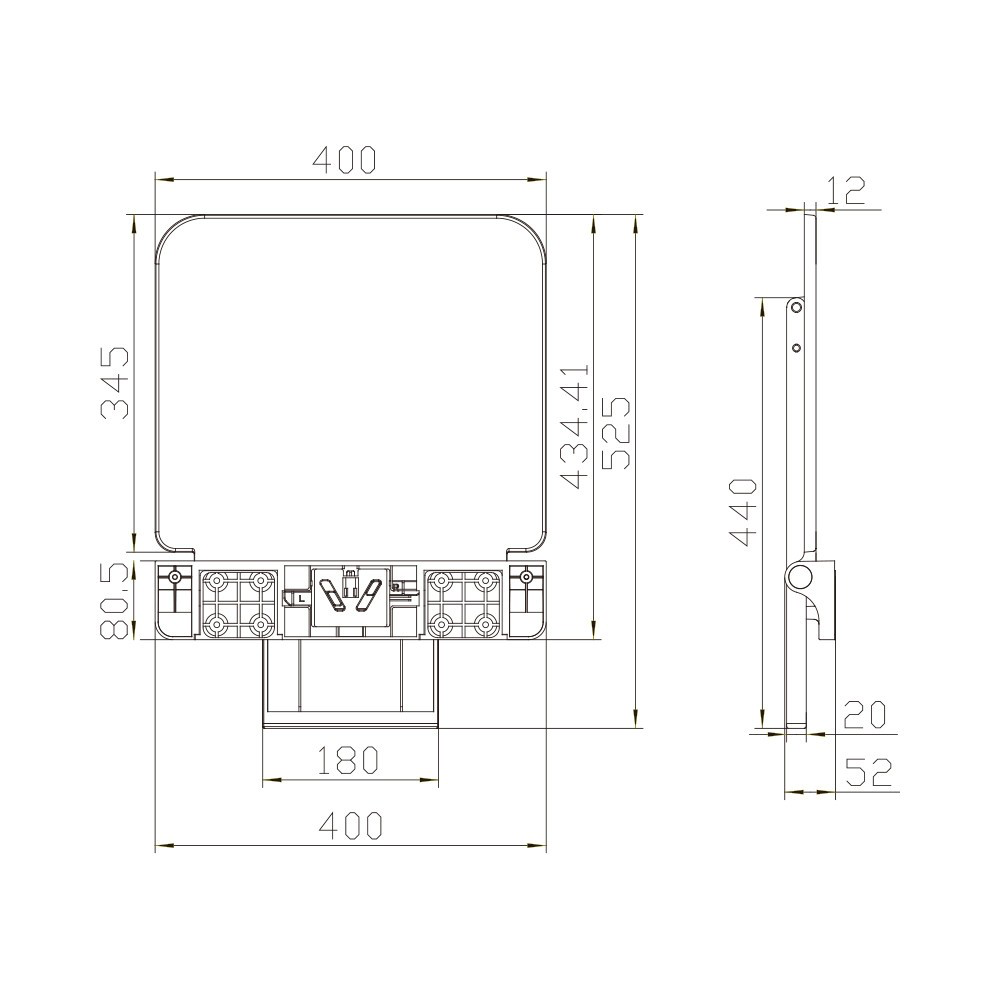 VitaMove Premium shower seat dimensional drawing including 400 mm width and approximately 52 mm folded projection