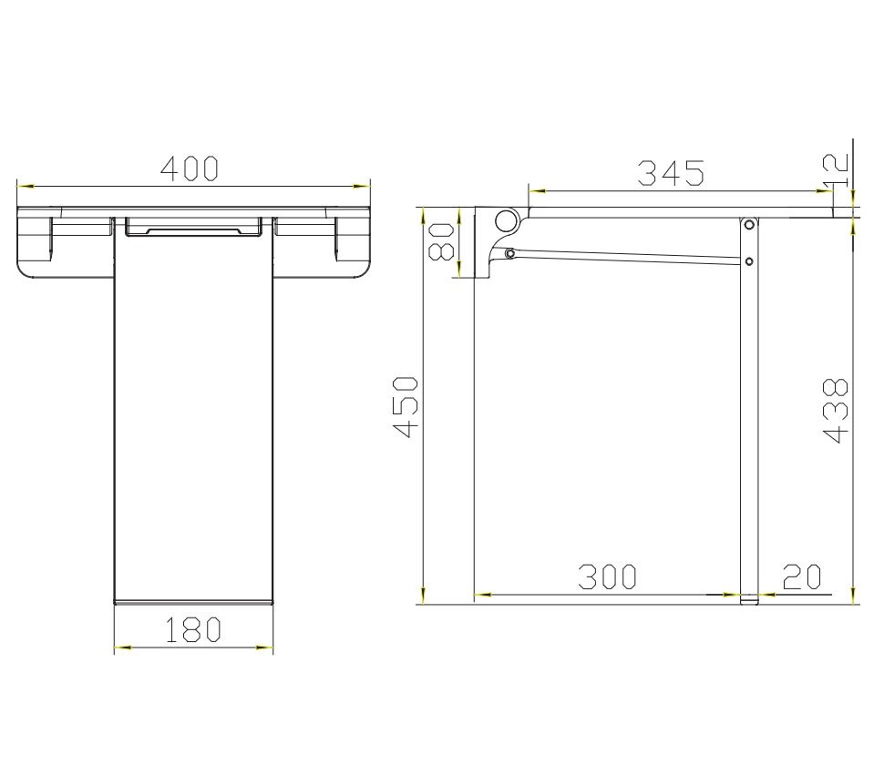VitaMove Premium shower seat dimensions showing 400 x 345 mm seat and 450 mm installed height