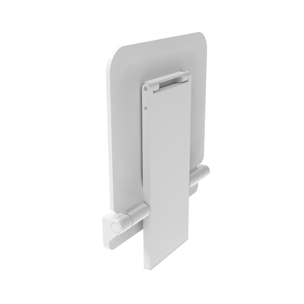 Rear angled view of VitaMove Premium White folding shower seat showing support leg and hinge mechanism