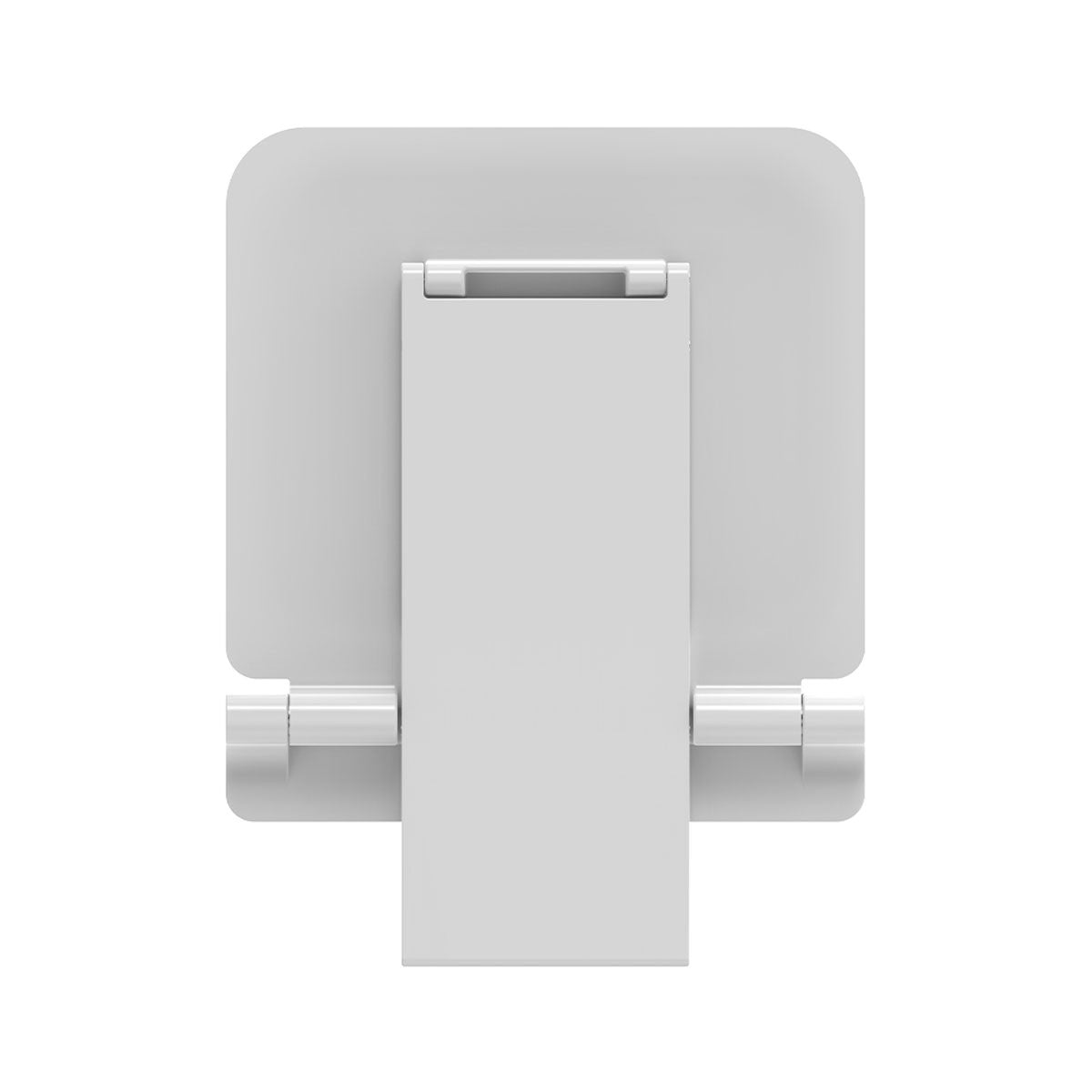 Rear view of VitaMove Premium White folding shower seat showing integrated support leg and hinges
