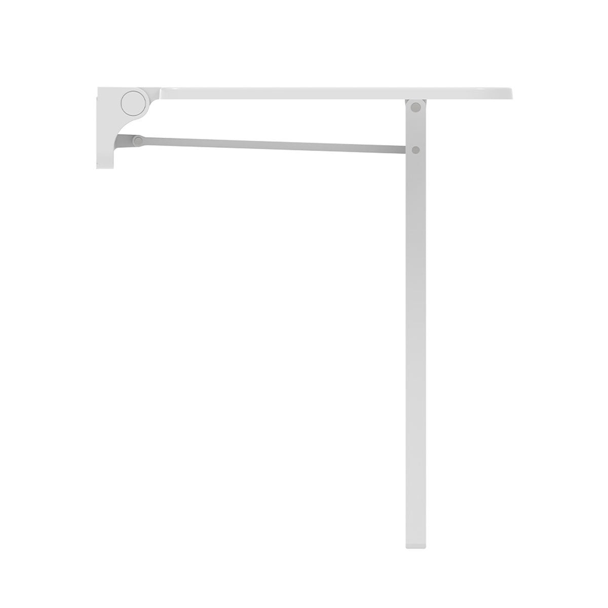 Side profile of VitaMove Premium White folding shower seat open with linked fixed support leg