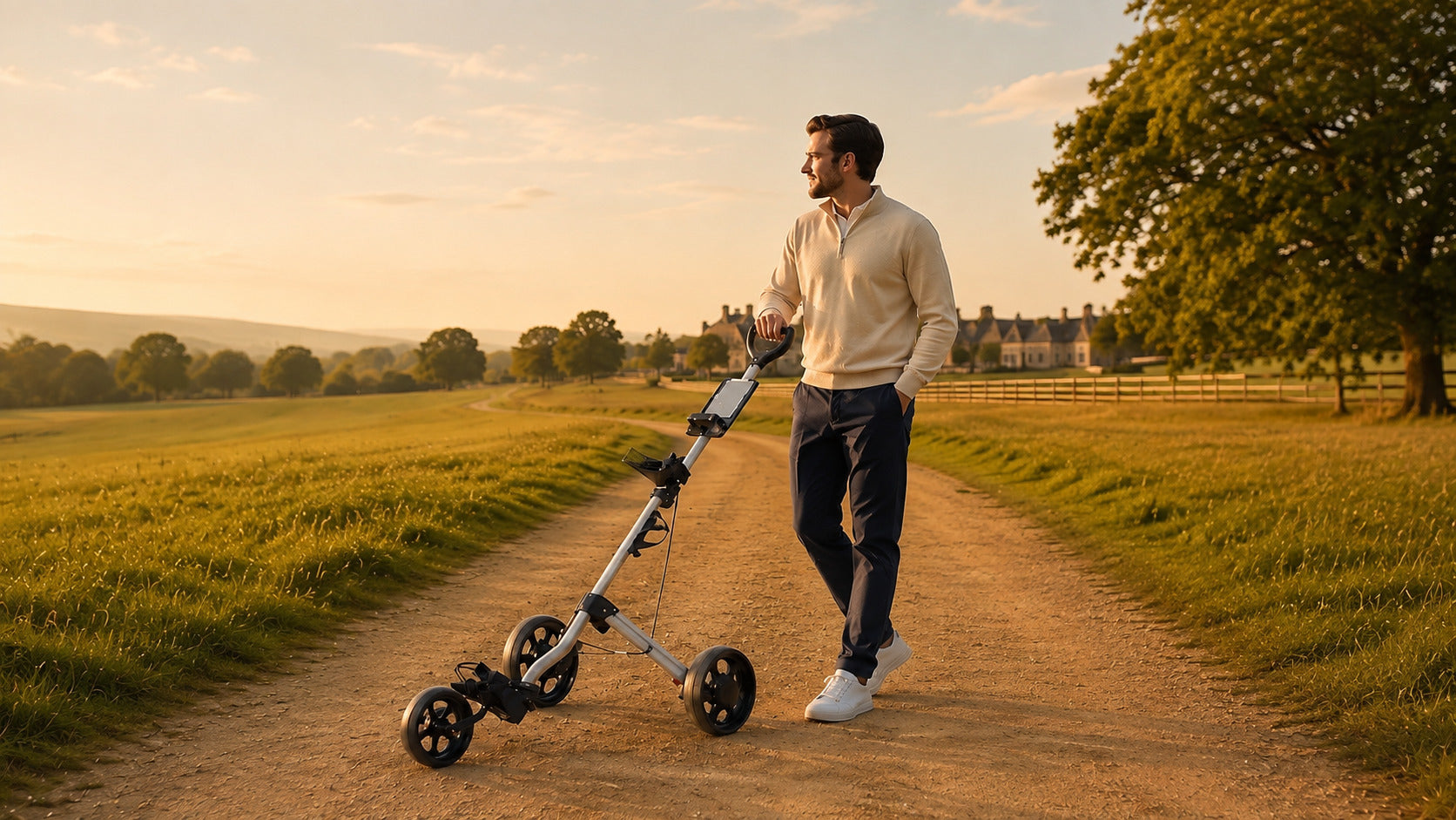 Golfer enjoying time outdoors with a lightweight golf trolley on a country estate path