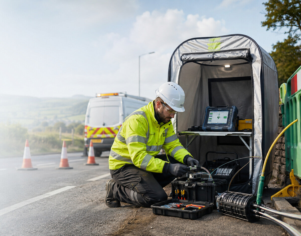 Field technician working with specialist equipment beside a temporary work shelter