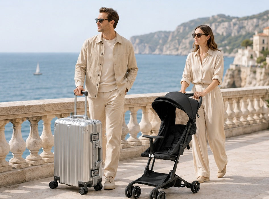 Couple travelling on a Mediterranean terrace with silver aluminium cabin luggage and a black compact travel stroller